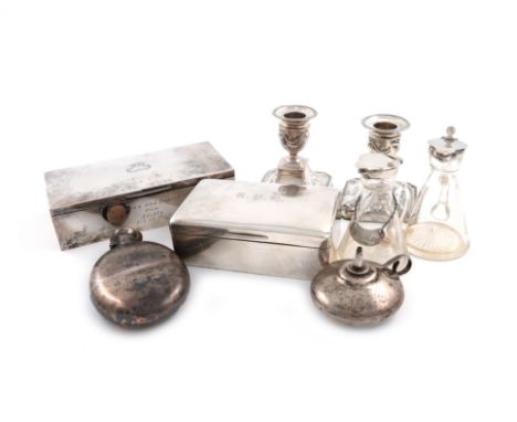 A mixed lot of silver items, various dates and makers, comprising: a pair of Edwardian silver-mounted glass whisky tots, by T