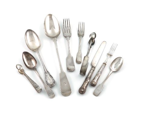 A mixed lot of flatware, comprising silver items: Fiddle pattern: a basting spoon, eight table forks, six dessert spoons, a d