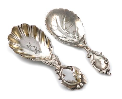 A Victorian silver caddy spoon, by John Figg, London 1856, fluted oval shell bowl, with traces of gilding, pierced foliate ha