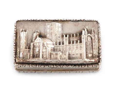 A Victorian silver 'Castle-top' vinaigrette, York Minister, by Nathaniel Mills, Birmingham 1842, rectangular form, engine-tur
