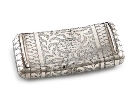 A fine George III silver snuff box, by Joseph Willmore, Birmingham 1806, curved rectangular form, with two hinged covers on a