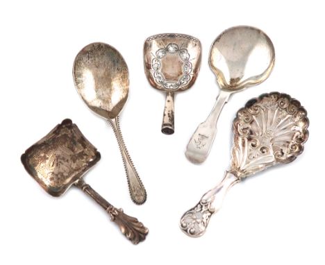 A collection of five antique silver caddy spoons, various dates and makers, including:  a Victorian one, by Thomas Dones, Bir