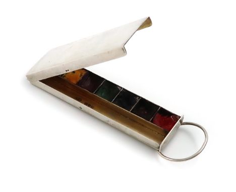 An Edwardian silver travelling artist's paint box, by William Hornby, London 1907, rectangular form, the hinged cover opens t