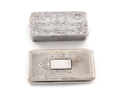 A 19th century Russian silver snuff box, marks worn, Moscow, rectangular form, the hinged cover and base engraved with two sc