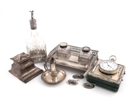 A mixed lot of silver items, various dates and makers, comprising: a novelty table cigar lighter, modelled as a candle in a c