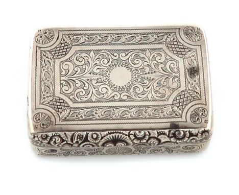 A George III silver snuff box, by Walter Williams, London 1819, rectangular form, chased foliate scroll decoration, and with 