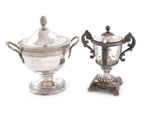 An early 19th century French silver mustard pot and cover, Paris 1819-1838, vase form, foliate scroll handles, hinged cover, 