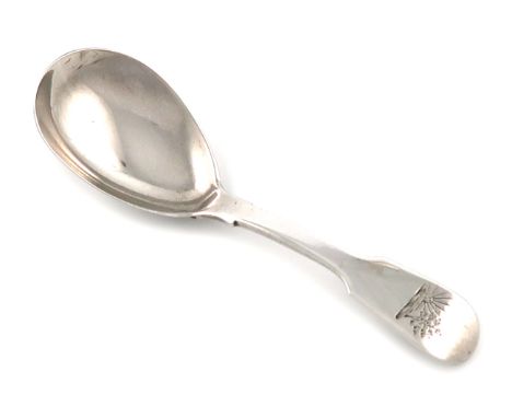 A William IV provincial silver Fiddle pattern caddy spoon, by Barber and North, York 1836, the terminal with a crest, length 