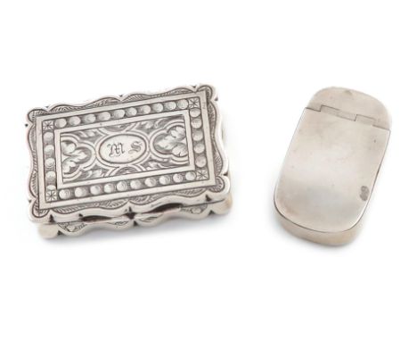 A Victorian silver snuff box, by George Unite, Birmingham 1870, rectangular form, engraved decoration, the cover initialled, 