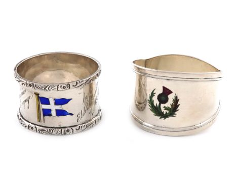 An Edwardian silver and enamel souvenir napkin ring, by Walker and Hall, Sheffield 1905, enamelled with a blue burgee with a 