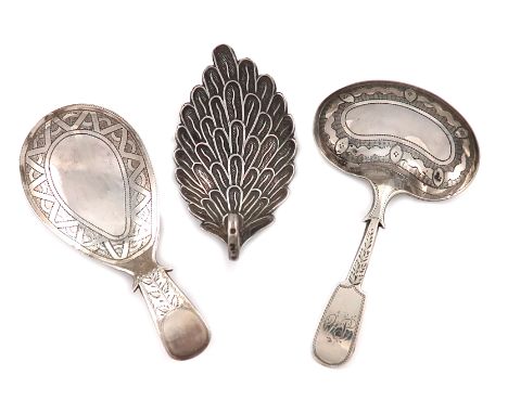 A small collection of three antique silver caddy spoons, comprising: one by Cocks and Bettridge, Birmingham 1813, engraved ov