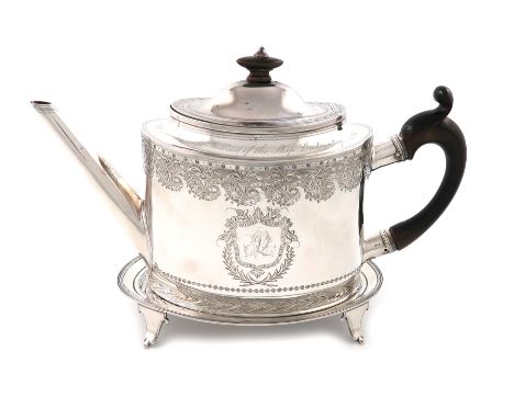 A presentation George III silver teapot and associated stand, the teapot by Joseph Scammell, London 1793, the stand by John G