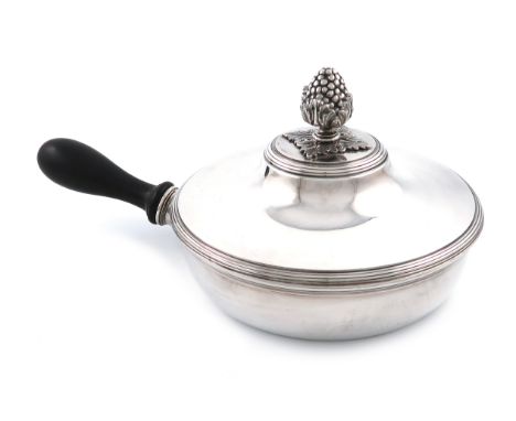 A Swedish silver saucepan and cover, by C. F Carlman, Stockholm, 1929, circular form, gilded interior, turned baluster wooden