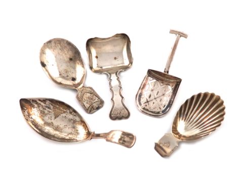 A collection of five antique silver caddy spoons, various dates and makers, including: a George III caddy spoon, by John Bett