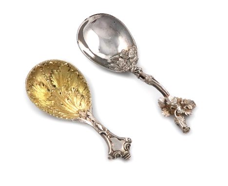 A Victorian cast silver caddy spoon, by George Adams, London 1851, gilded fig-shaped bowl with acanthus leaf decoration, the 