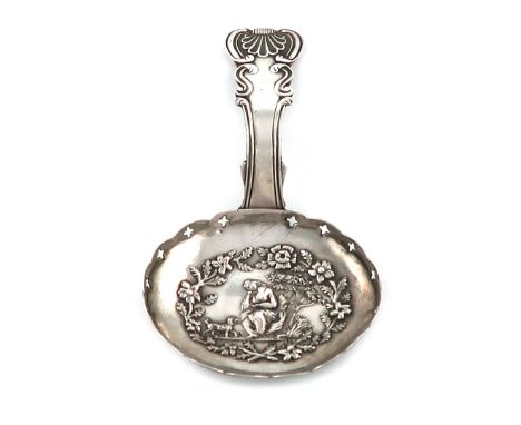 A George III silver caddy spoon, by John Bettridge, Birmingham 1817, the oval bowl embossed with a mournful lady and her dog,