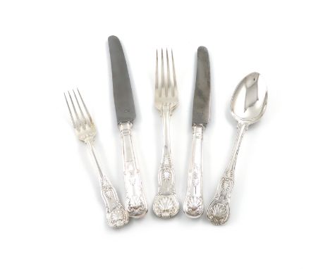 A matched silver canteen of Kings pattern flatware, various dates and makers, comprising: eleven table forks, (plus one Queen