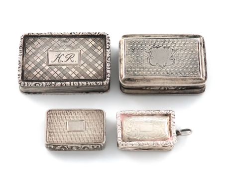 A small collection of four silver vinaigrettes, comprising: one by Francis Clark, Birmingham 1838, rectangular form, engraved