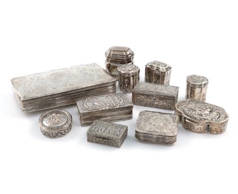 A mixed lot of Dutch and continental silver boxes, comprising: a Dutch tobacco box, 1867, rectangular form, reeded sides, the