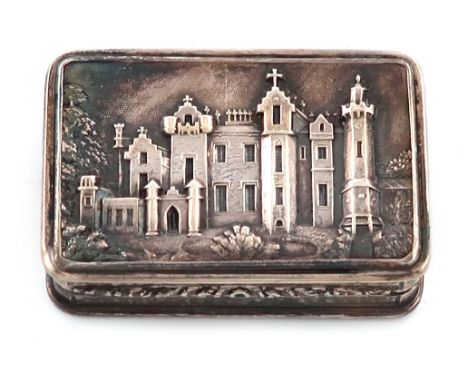 A William IV silver 'castle-top' vinaigrette, Abbotsford House, by Nathaniel Mills, Birmingham 1836, rectangular form, the hi