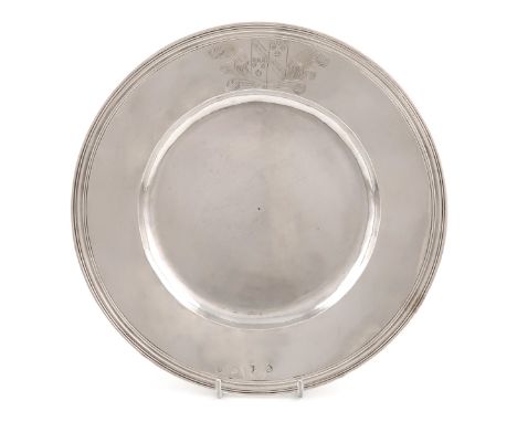 A Charles II silver plate, maker's mark over-struck, London 1677, circular form, reeded border, engraved with a coat of arms 