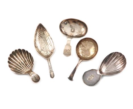 A collection of five antique silver caddy spoons, various dates and makers, including: a George III one of leaf form, by Thom