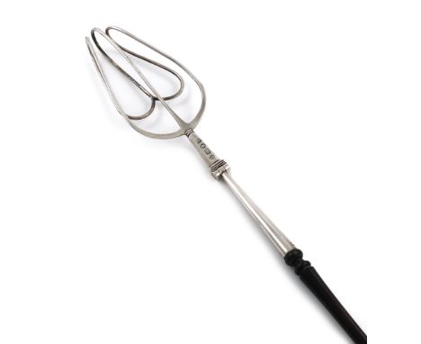 A George III provincial silver toasting fork, Newcastle 1796, on a tapering turned wooden handle, with a hinged sprung wire-w