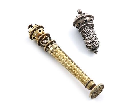 A 19th century French silver-gilt pomander, needle case and seal, the foot with control marks, tapering circular form, engine