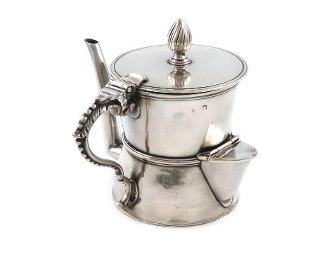 A George III Irish silver Argyle, by Henry Chadwick, Dublin circa 1765, tapering waisted circular form, scroll handle with fe