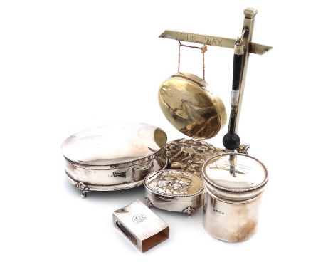 A mixed lot, comprising silver items: a dressing table jar, Birmingham 1911, the cover inscribed 'To Commemorate May 8th Aug 