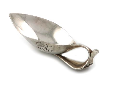 A George III silver caddy spoon, probably by James Wintle, London circa 1815, leaf shaped bowl, twig and leaf handle, engrave