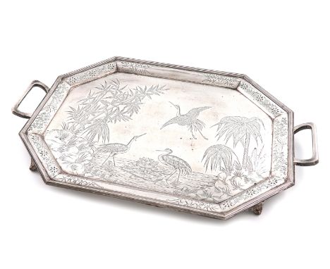 A Victorian silver Aesthetic Movement two-handled tray, by The Barnards, London 1885, rectangular form, canted corners, the c