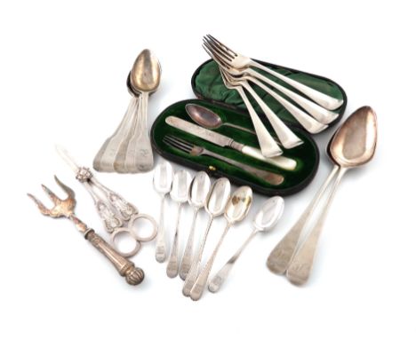 A mixed lot of silver flatware, comprising: a set of five George III Irish silver Hanoverian pattern table forks, by John Pit