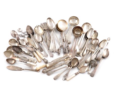 A mixed lot of silver flatware, various dates and makers, comprising: four Victorian Apostle spoons, a pair of Trefid spoons,