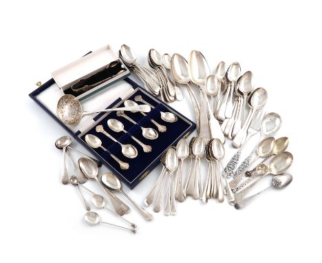 A collection of silver flatware, various dates and makers, comprising: a cased set of tea teaspoons, a pair of matching sugar