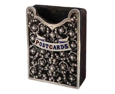 A late-Victorian silver and enamel postcard holder, by Adie &amp; Lovekin Ltd, Birmingham 1892, rectangular form, pierced fol