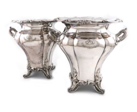 A pair of early 19th century old Sheffield plated two-handled wine coolers, by Roberts, Smith and Co., circa 1830, lobed balu