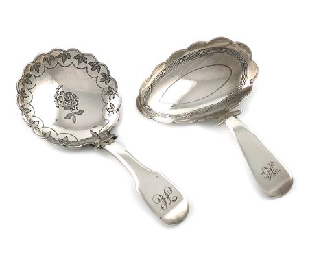 A George III silver caddy spoon, by Thomas James, London 1813, oval bowl, engraved  decoration, wavy-edge border, the termina
