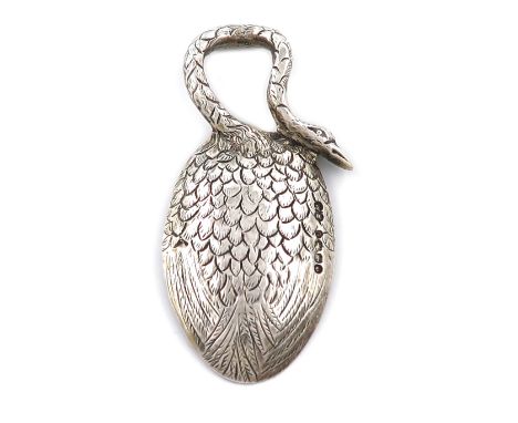 A Victorian cast silver caddy spoon, by William Stocker, London 1866, oval bowl, the reverse with swan feather decoration, th