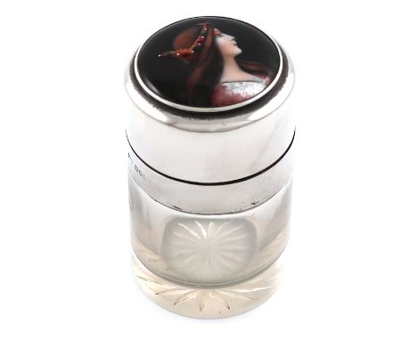 An Edwardian silver and enamel mounted toilet jar, maker's mark partially worn, London 1906, cylindrical form, the hinged cov