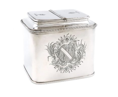 A George III silver double tea caddy, by John Swift, London 1769, rectangular form, the gadroon border, with two hinged compa