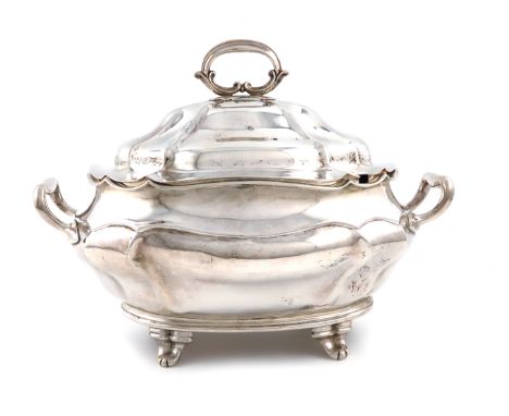 A late-Victorian silver two-handled tureen and cover, by Charles Stuart Harris, London 1899, oval bellied form, side handles,