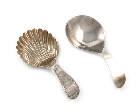 A George III silver Bright-cut caddy spoon, by Peter and Jonathan Bateman, London 1790, shell bowl, plain cartouche, length 7