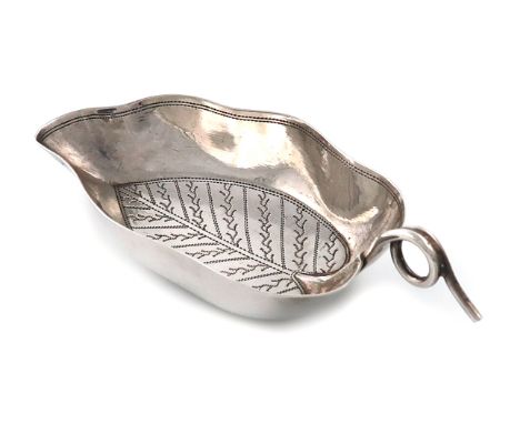 A George III silver caddy spoon, by Joseph Willmore, Birmingham 1805, deep leaf form, engraved with leaf veins, wire-work scr