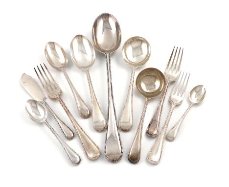 A matched canteen of Victorian and later silver double-struck Beaded pattern flatware for twelve, various dates and makers, t