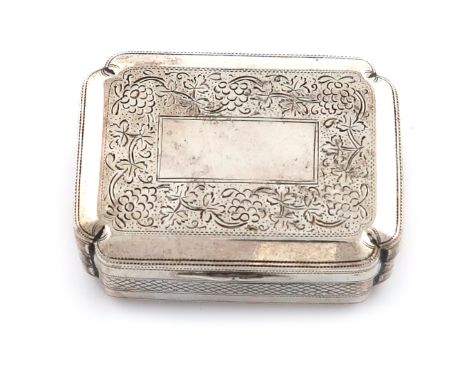 A George III silver snuff box, by John Shaw, Birmingham 1811, rectangular form, the cover and base with engraved grapevine de