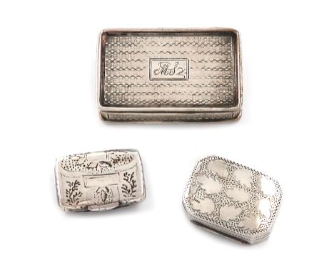 A small collection of three silver vinaigrettes, comprising: one by Nathaniel Mills, Birmingham 1838, rectangular form, engin