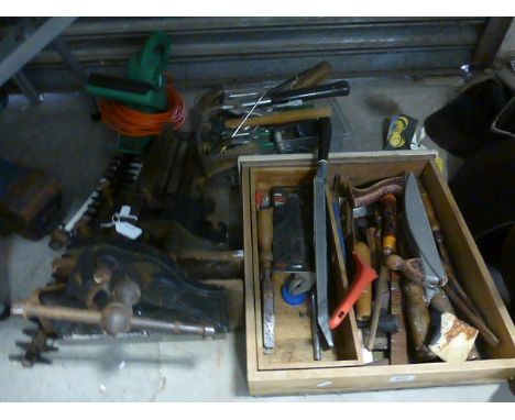 Group of Mixed Tools including Electric Hedge Cutter, Two Bench Vices and Various Hand Tools