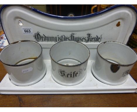 French Enamel Hanging Shelf with Three Containers - Soda, Seife and Sand