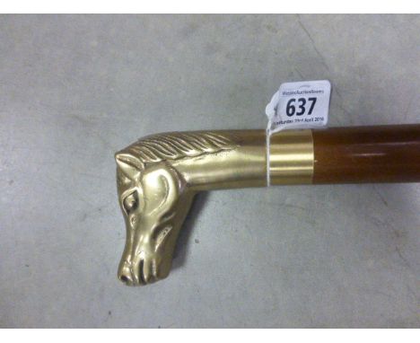 Walking Stick with Brass Horse Handle and intregal drinks flask